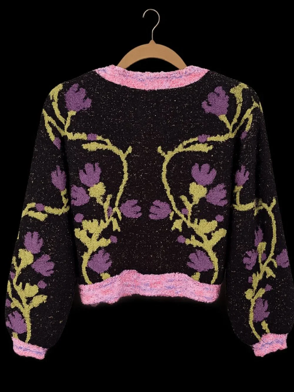 NWT POL Thick Plush Floral Jacquard Cardigan Pink Trim Cropped Cozy Boho Sweater